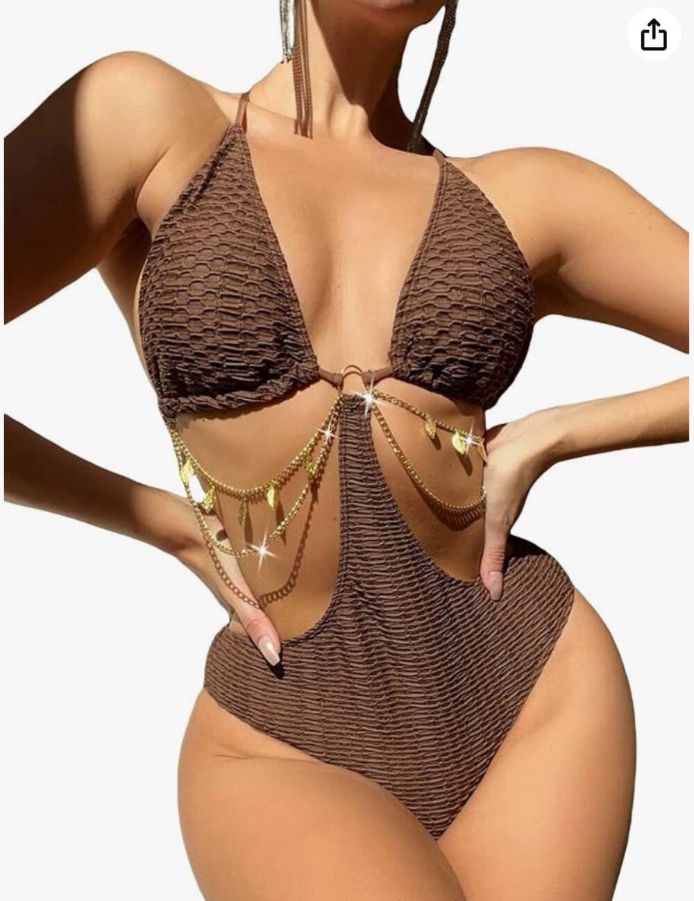 OYOANGLE Brown Chain Linked Cut Out Halter One Piece Swimsuit XL
